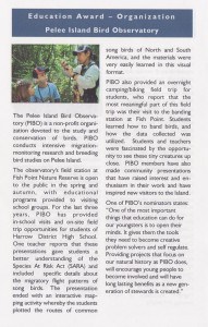 The description of PIBO’s educational programming in the 2012 Conservation Awards Program (©ERCA 2013).
